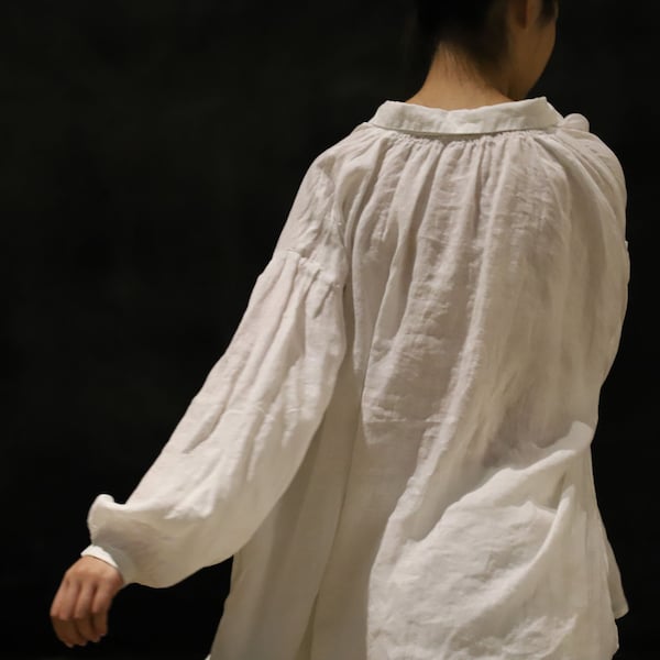 A153---Super Loose White French Linen Poet Shirt / Blouse, Peasant Shirt, One Size Fits Many,  Made to Order.