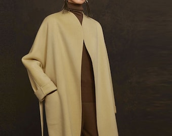 V502---Women's Double Faced Wool Wrap Coat / Robe Coat, Hand Stitched Double Coat, Made to Order.