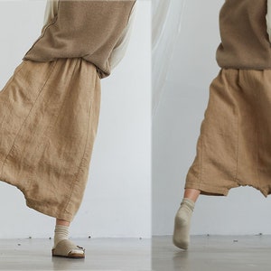 D149---Loose Drop Crotch Heavy Weight Linen Harem Pants, Sarouel Pants, Japanese Style Linen Trousers ,Fisherman Pants, Linen Cropped Pants.