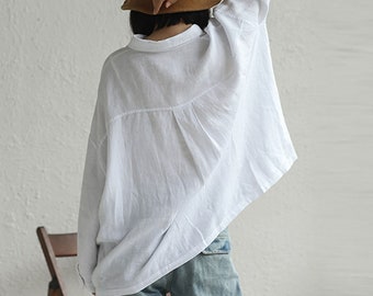 F016---Linen Shirt, Women's White Loose Linen Top, Classic Work Shirt, Oversized Linen Blouse, Plus Size Top.