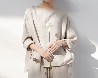 J061---Loose Fit Flax Linen Top, Drop Shoulder Linen Blouse, Linen Tunic, Oversized Linen Top, Made to Order.