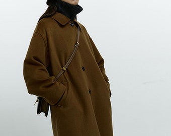 V005---Women&#39;s Dark Brown Wool Oversized Cocoon Coat, Vintage Style, Black Classic Long Coat, Trench Coat, Overcoat, Wool Shell Coat.