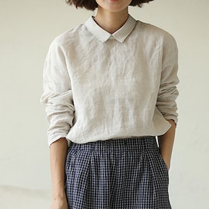 F015Washed Linen Top / Tee / Blouse, White Long Sleeves Linen Shirt, Made to Order. image 1