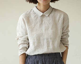 F015---Washed Linen Top / Tee / Blouse, White Long Sleeves Linen Shirt, Made to Order.