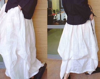 029---Multi Wear Woman White Washed Linen Maxi Skirts, Blooming Lotus with Ties Adjustable Length Boho Style, Plus Size clothing