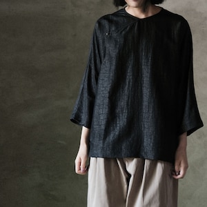 N037---Blue Cracked Gambiered Canton Silk / Mud Silk 3/4 Sleeve Chinese Tee / Top, Made to Order.