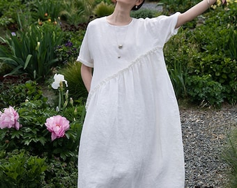 E091---Women's High Waist Gathering Linen Maxi Dress, White Linen Long Dress, Maternity, Plus Size Clothing, Made to Order.