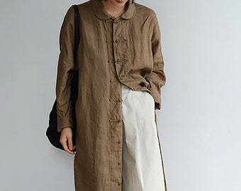 W096---Brown Linen Shirt Coat, Women's Spring Linen Chinese Jacket, Linen Dust Coat, Linen Duster Coat, Linen Outerwear, Made to Order