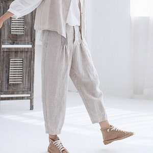 G083Flax Linen Pants with Pintuck at Waist, Tapered Pants, Victorian Linen Trousers, Made to Order. image 1