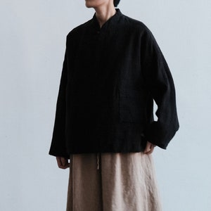 N012---Women&#39;s Washed Linen Cotton Blend Padding Jacket / Quilt Coat,  Black Modified Chinese Cheongsam Coat, Made to Order.