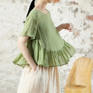 J043---High Counted Ramie Ruffle Hem Short Sleeve Top / Blouse in Green Color, Made to Order