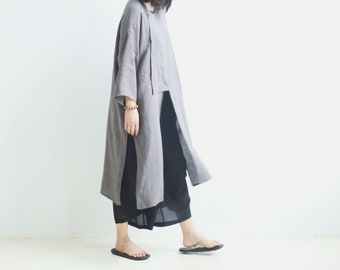 H010---Women's Loose High Count Linen Cheomgsam Top, Gray Linen Blouse, Linen Shirt, Plus Size Top.