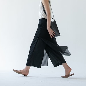 E110---Thin Silk Cotton Blend Pin tucked Apron Pants in Black, Spring / Summer / Fall Wide-leg Pants,  Made to Order.