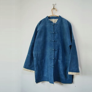A221---Men&#39;s Chinese Cheongsam Indigo Blue Jacket with Chinese Frog Buttons, Modified Tang Suit, Stand Collar, Plant Dyed Shirt Jacket.