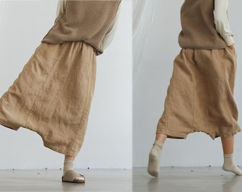 D149---Loose Drop Crotch Heavy Weight Linen Harem Pants, Sarouel Pants, Japanese Style Linen Trousers ,Fisherman Pants, Linen Cropped Pants.