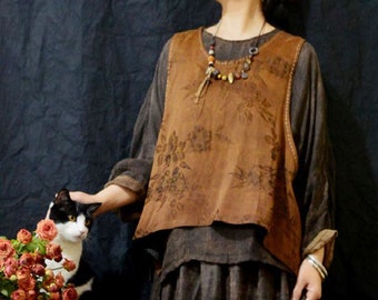 Reversible Elegant Tussah Mud Silk Floral Jacquard Vest, Black and