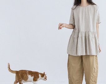 G096---Washed Linen Peplum Shirt, Ruffle Tiered Blouse /Linen Tunic Top, S, M, L, XL, 2XL, 3XL, Plus Size, Made to Order.
