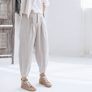 G083Flax Linen Pants with Pintuck at Waist, Tapered Pants, Victorian Linen Trousers, Made to Order. image 2