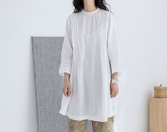 G095---Off White High Counted French Linen Pintucked Trapeze Tunic Top, (Excluding Inner Slip), Loose Fitting Linen Blouse, Tunic Dress.