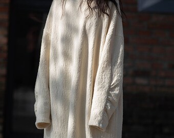 U017---Cream White Knit Wool Cotton Blend Winter Dress, Wool Tunic Dress, Wool Gown, Made to Order.