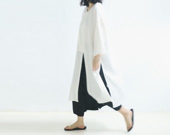 H010---Women's Loose High Count Linen Cheomgsam Top, White Linen Blouse, Linen Shirt, Plus Size Top.