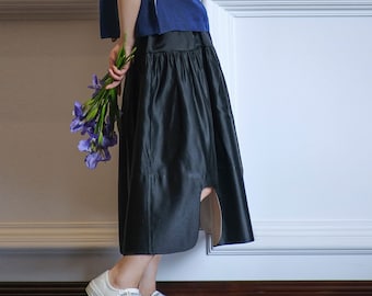 V108---Heavy Weight Silk Charmeuse Tiered Skirt with Curved slits in Black Color, Black Silk Skirt, Midi Skirt, Made to Order.