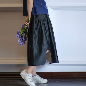 V108---Heavy Weight Silk Charmeuse Tiered Skirt with Curved slits in Black Color, Black Silk Skirt, Midi Skirt, Made to Order.