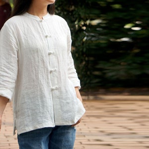 U014---Women&#39;s Stand Collar White Wrinkled Linen Shirt, Chinese Linen Top, Cheongsam, Made to measure.