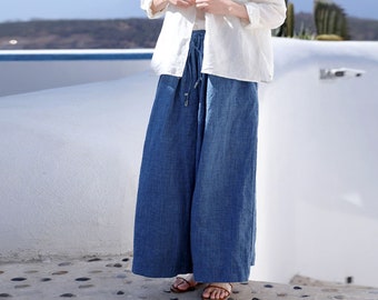 P308---Blue Washed Yarn Dyed Linen Wide Leg Pants / Culotte, Gaucho Pants, European Linen Yoga Pants, Skirt Pants, Pants Skirt, Skants.