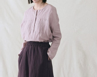 W049---Women's Dusty Purple Washed Ramie Pullover Blouse,  Tunic Top , Tee Shirt, Long Sleeve Top, Plus Size Clothing, Made to Order.