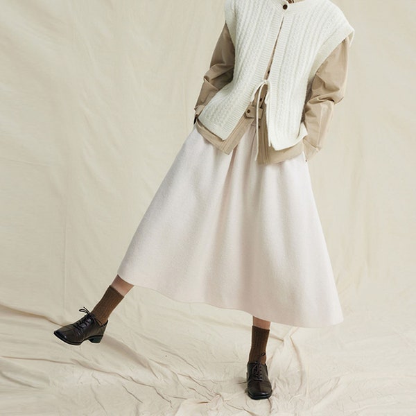 W072---White Merino Wool Pleated Fully lined A-line Skirt, Winter Warm Midi Wool Skirt, Vintage Mid-calf Length Skirt, Party Skirt.