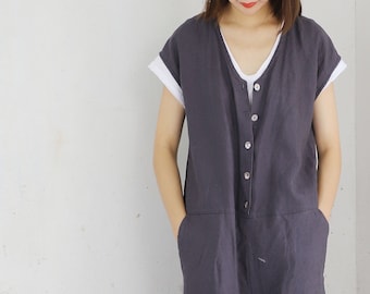 Z126---Loose Linen Salopette, Linen Jumpsuits, Gray Linen Overall, Linen Romper, Made to Order.