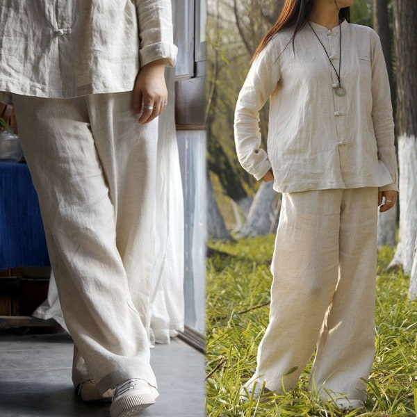 W044---Washed Flax Linen Wide Leg Pants in Natural Color,  Yoga Set, Gongfu / Kung Fu Suit, Tai Chi Suit,  Made to Order.