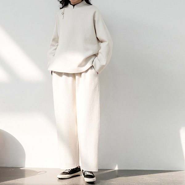 J036-Women's Wool Cotton Blend Crop Pants in Off White Color, Winter Boiled Wool Trousers, Made to Order.