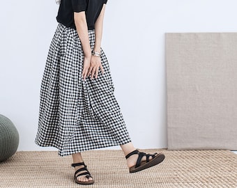 G087---Yarn Dyed Linen Skirt, Summer Gingham Check Linen Skirt, Full Skirt, Beach Boho, Bohemian Rhapsody, Plus Size Skirt.