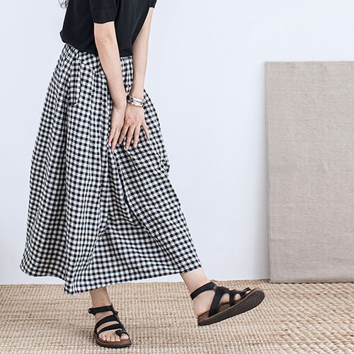 G087---Yarn Dyed Linen Skirt, Summer Gingham Check Linen Skirt, shops Full Skirt, Beach Boho, Bohemian Rhapsody, Plus Size Skirt.