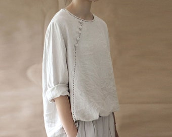W027---Women's White Linen Blouse, Linen Tunic with Chinese Buttons, Half Sleeve Top, Plus Size Clothing, Made to Order.