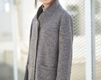 W069-women's Stand Collar Knit Wool Long Coat in Gray, Gray Wool