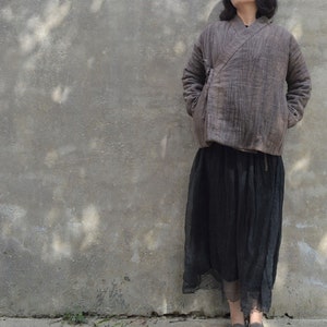 A336---Loose Brown Distressed Linen Cotton Blend Quilted Kimono Jacket, Winter Short Coat, Cozy Padding Jacket, Zen Clothing, Made to Order.