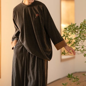 E107---Mud Dyed Hand Loomed Tussah Silk Asymmetric Blouse, Zen Suit, Made to Order.