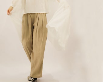 903---Washed Linen Wide Leg Pants / Trousers, Khaki Linen Easy Pants, for Summer Travel, Casual Culottes,  Ankle Length, Made to Order.