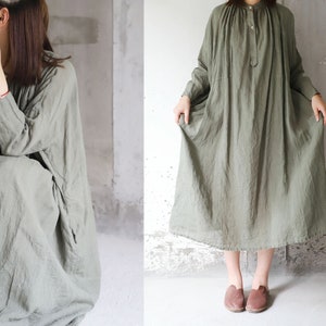 Z111---Washed Linen Shirtdress, Long Shirt / Dress, Avocado Stand Collar with Corozo Buttonss, Sage Green Linen Tunic Dress.