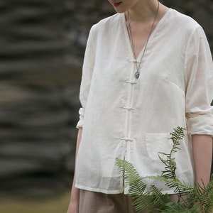 E030---Women&#39;s High Counted V-neck Cheongsam Shirt / Tang Shirt, Ecru / Off White Double Layer Long Sleeve Chinese Blouse, Made to Order.