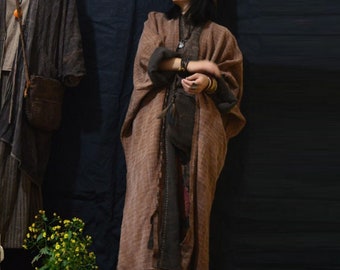 A529---Oversized Bohemian Raw Edged Reversible Tussah Silk Duster Coat, Eco-friendly Silk Cardigan, Made to Order.