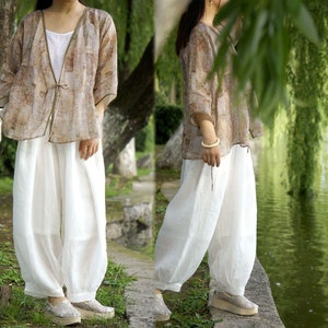 W042---High Count Ramie Lantern Pants in White Color, Meditation Outfit, Yoga Suit, Gongfu / Kung Fu Suit, Tai Chi Suit, Zen Clothes.