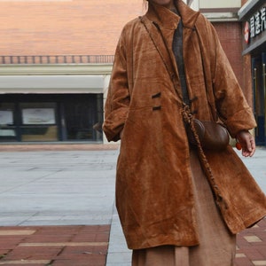 A721--Mud Tussah Silk Corduroy Long Coat, Gambiered Silk Lined Coat,  Made to Order.