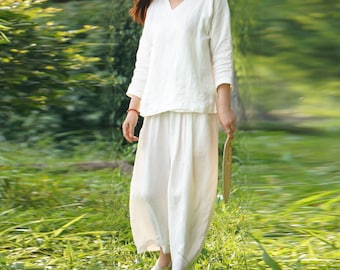 W037---Washed Linen Crop Pants in Off-white Color,  Yoga, Gongfu / Kung Fu Suit, Tai Chi Suit,  Made to Order.