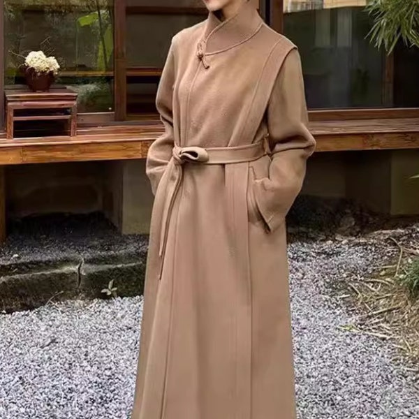 W075---Camel Double Faced Wool Neo Chinese Style Coat, Women Wool Wedding Outerwear, Wool Cashmere Long Coat, Made to Measure