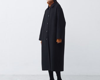 V005---Women's Black Wool Oversized Cocoon Coat, Vintage Style, Drak Brown Classic Long Coat, Trench Coat, Overcoat, Wool Shell Coat.