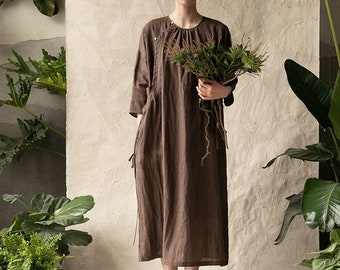 J048---Brown Ramie 3/4 Sleeves Modified Qipao Dress, Made to Order